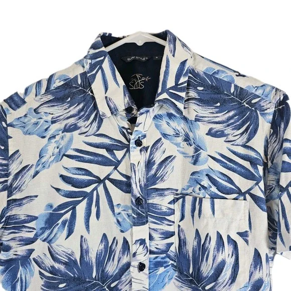 Surf Style Co Shirt Mens Small Linen Blend Blue Button Down Palm Hawaiian Floral - Picture 2 of 5